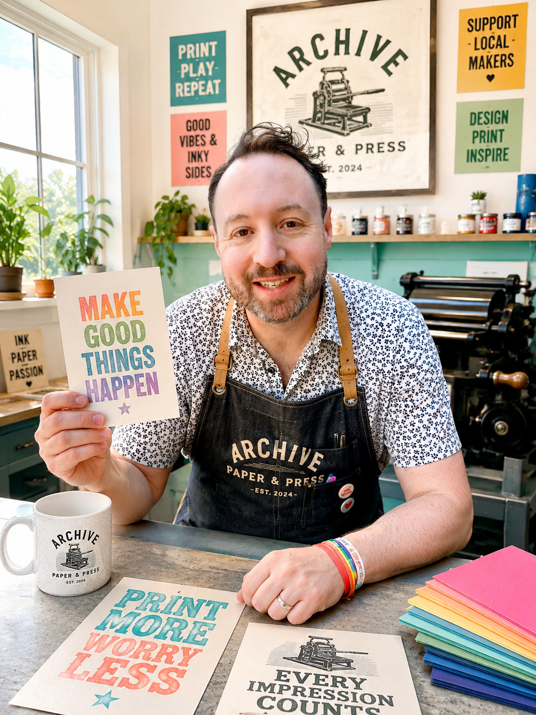 Stephen, owner of Archive Paper & Press, holding a letterpress card in the Tacoma studio